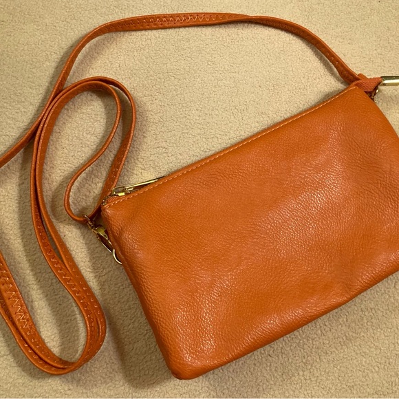 Persimmon orange supple textured leather casual bag with removable strap - Picture 3 of 16